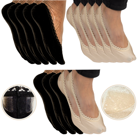 Set of black and beige sheer socks with close-up views on a white background