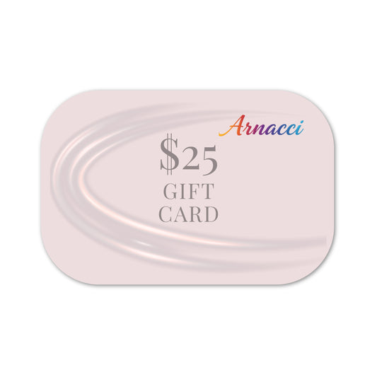 Pink gift card holder with 'Arnacci' branding and a $25 gift card inside on a white background.