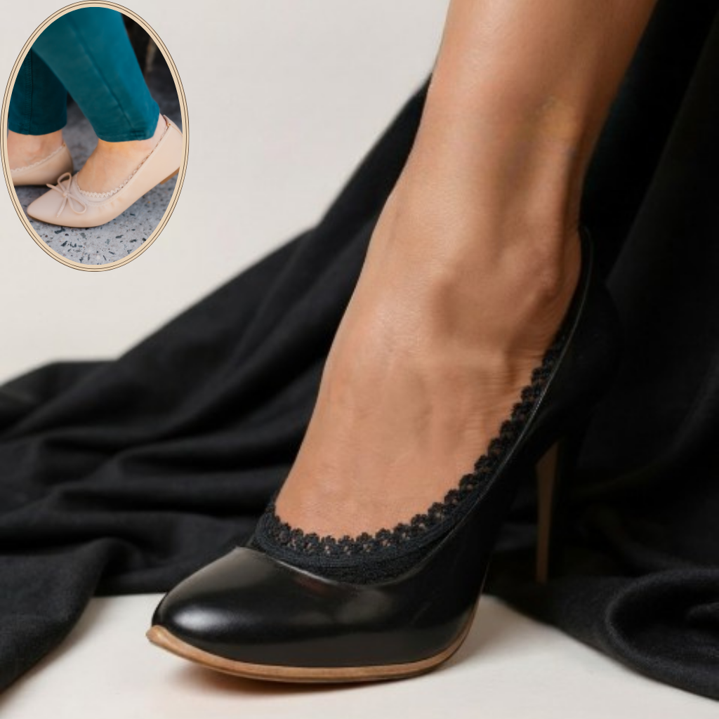 Woman wearing black Arnacci lace-trim no-show socks with black heels, with an inset showing Sand footies in ballet flats.