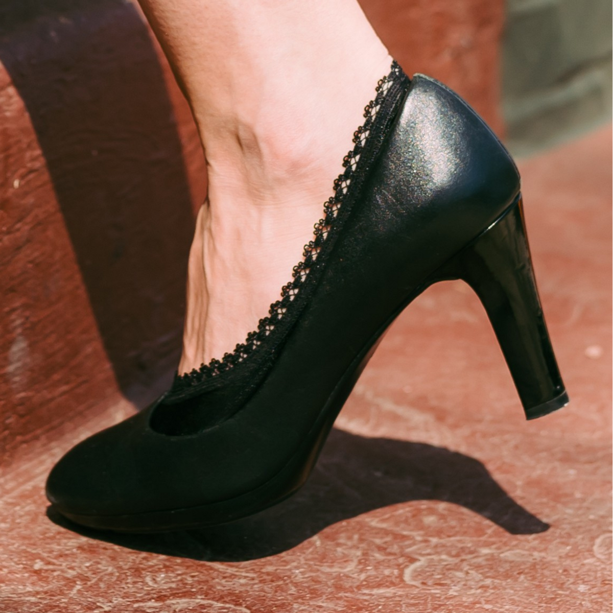 Black dress shoes / dress heels with Arnacci no-show footies - extended coverage protects top of foot