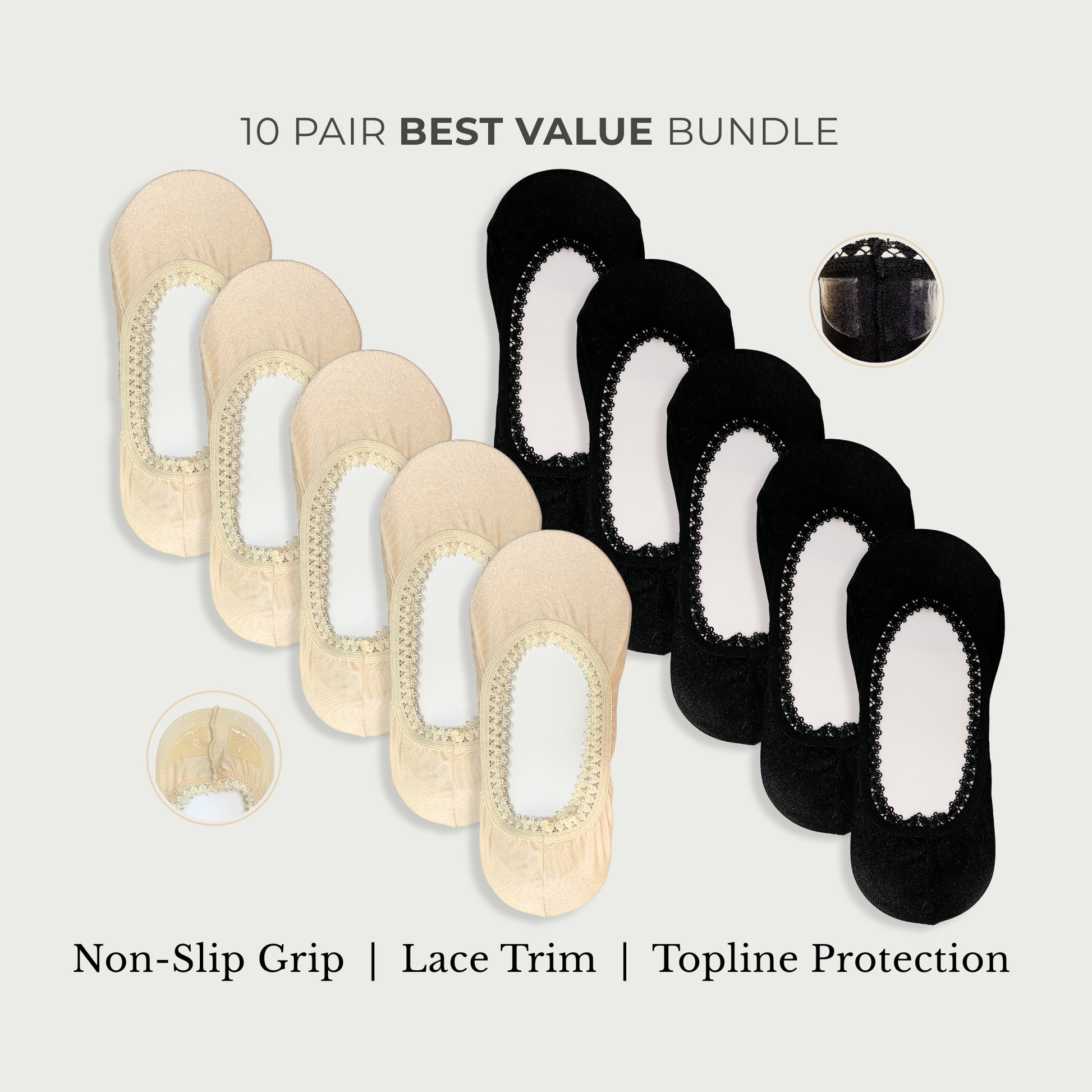 10 pair bundle of black and sand and nude lace-trim no-show socks with non-slip grip for flats and heels