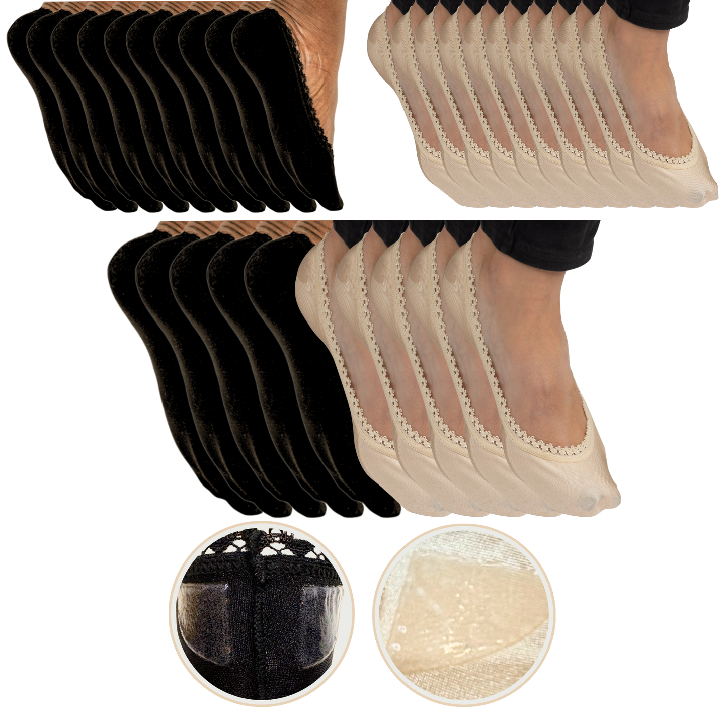Black and beige sheer socks with close-up insets on a white background