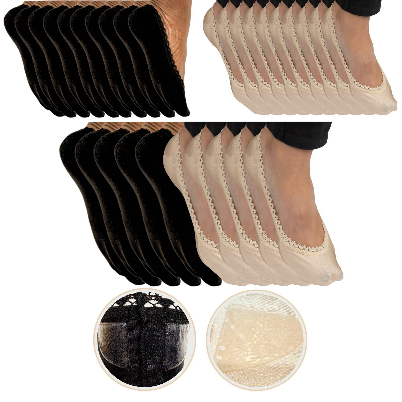 Black and beige sheer socks with close-up insets on a white background
