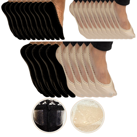 Black and beige sheer socks with close-up insets on a white background