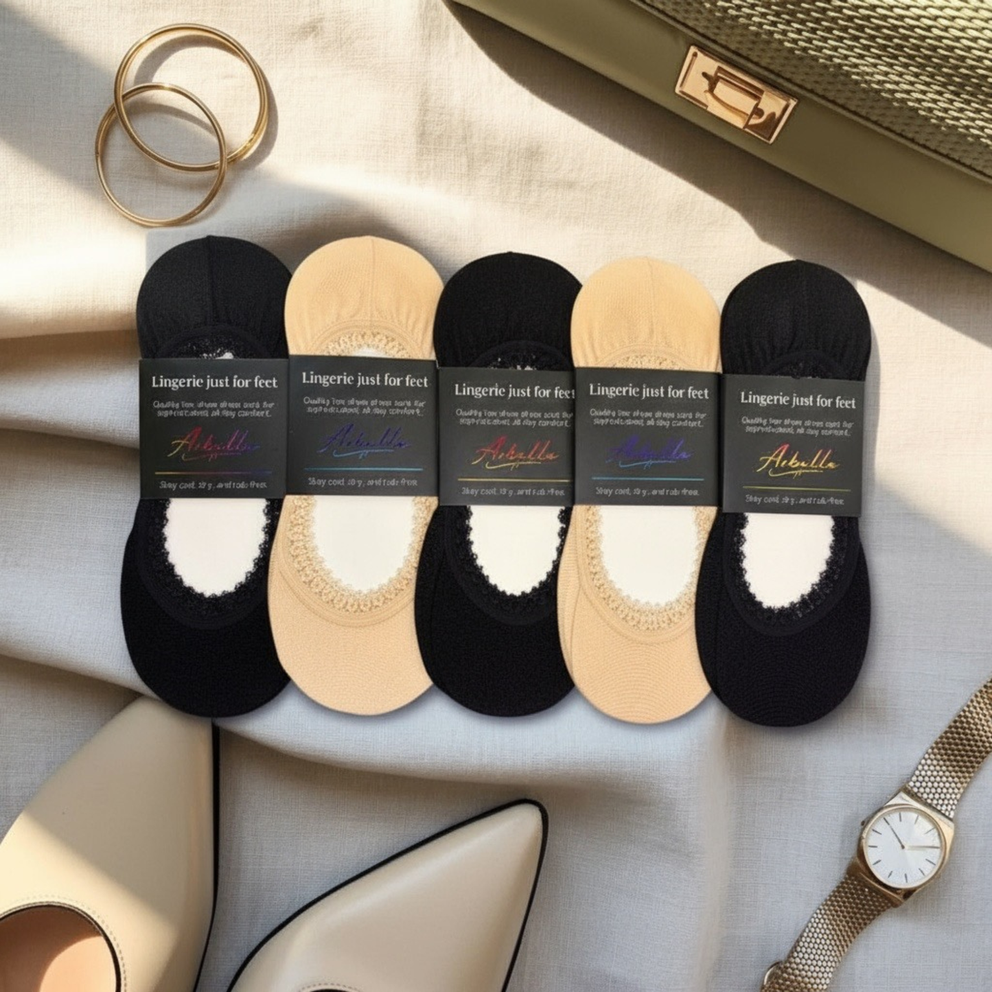 Arbella Style 5-pack no-show footies in beige and black - stay-put design for all-day comfort