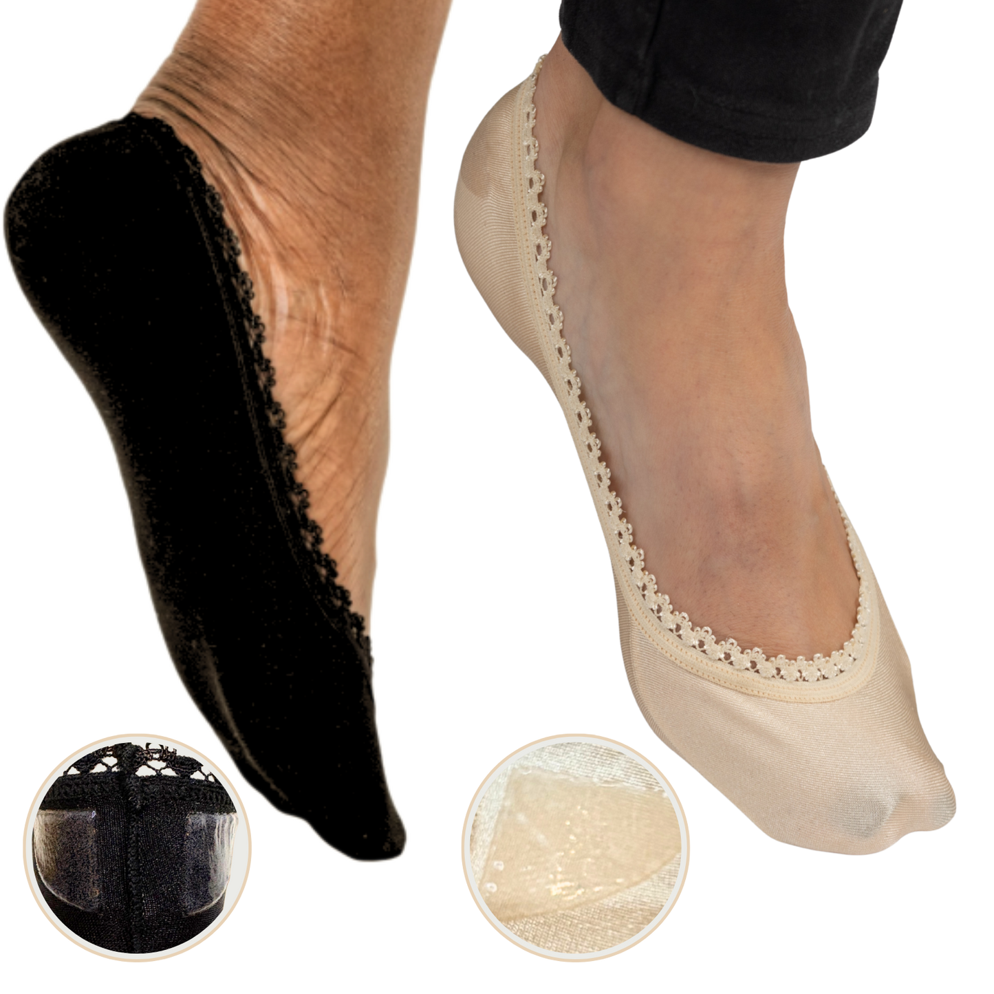 Black and beige sheer socks with lace trim on a white background