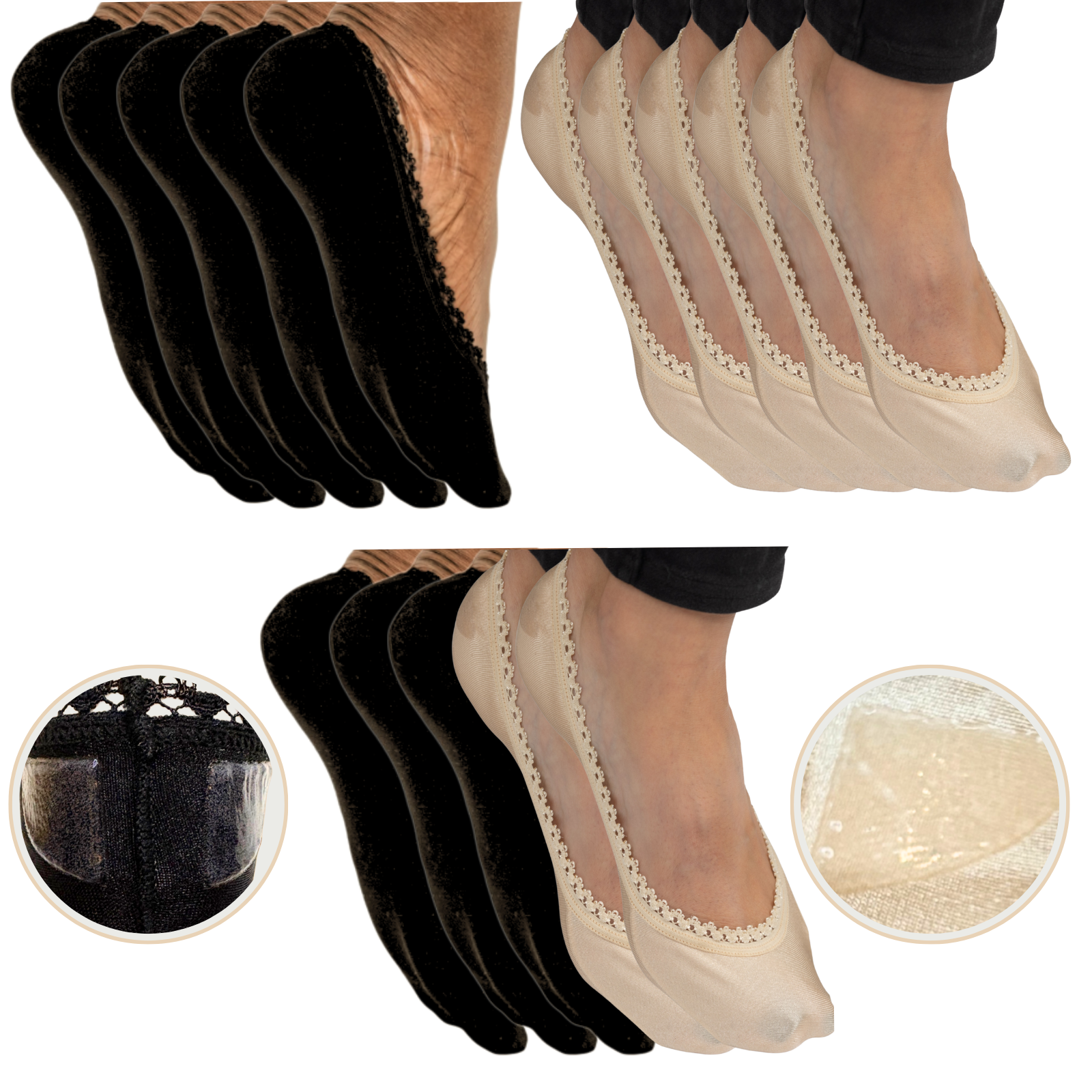 Set of black and beige sheer socks with close-up views on a white background