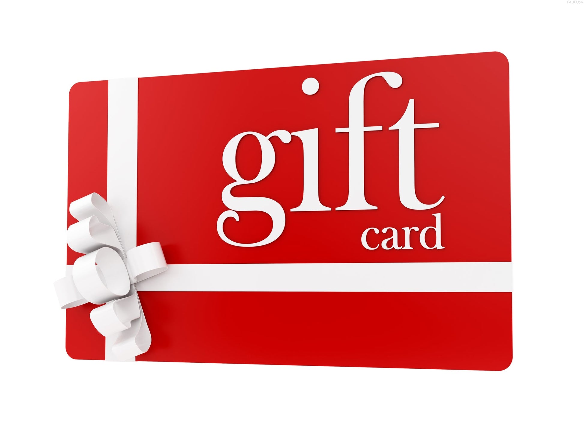 A vibrant red gift card with a white ribbon and bow, featuring the word "gift card" in elegant white serif font.