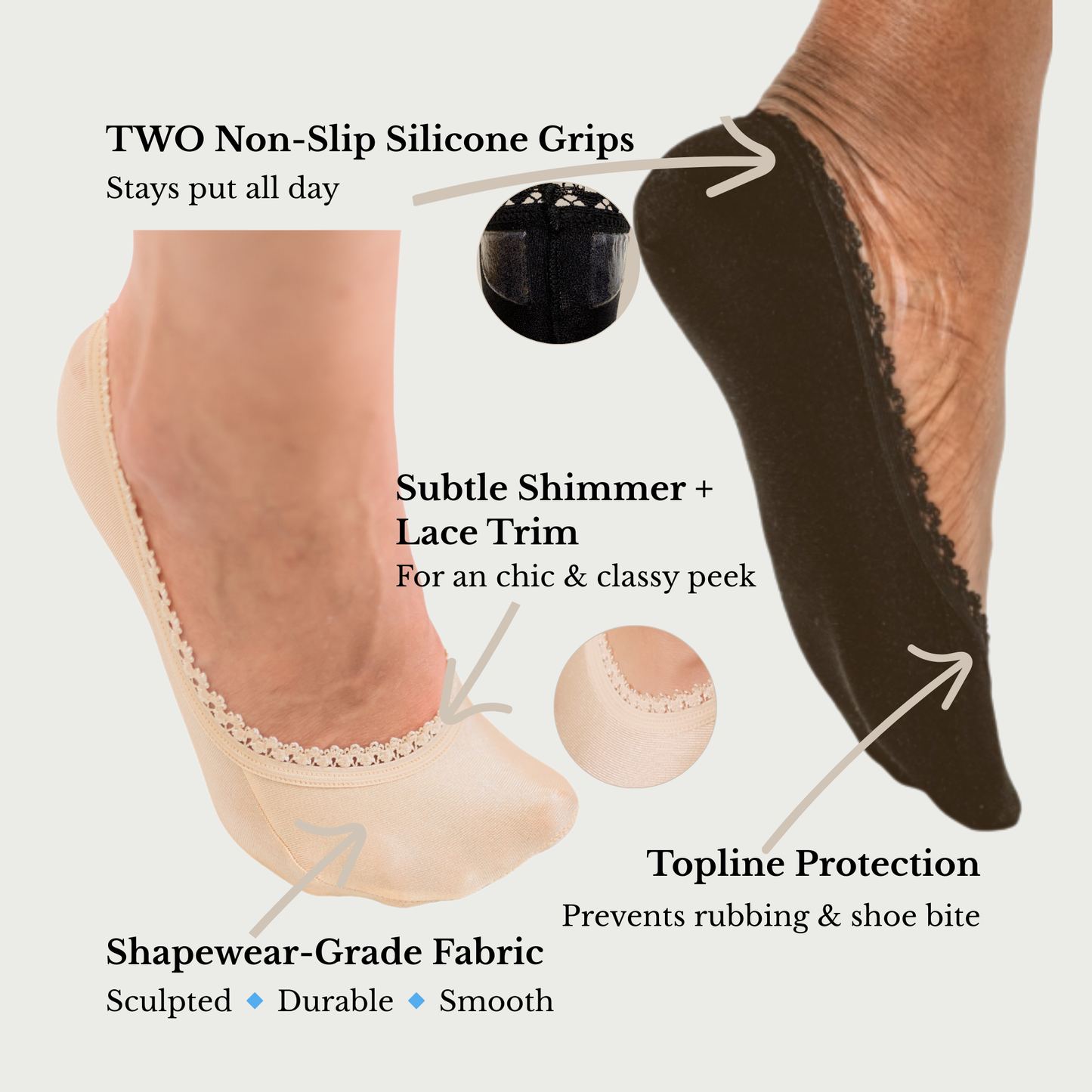 2-Pack (Black & Sand) - Shimmer & Lace, Non-Slip Foot Liners
