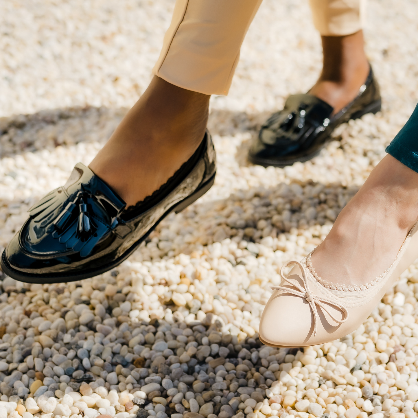 Black woman in black loafer with black footie and white woman in nude ballerina flat with beige footie in sunlight - Arbella Style Duo Pack