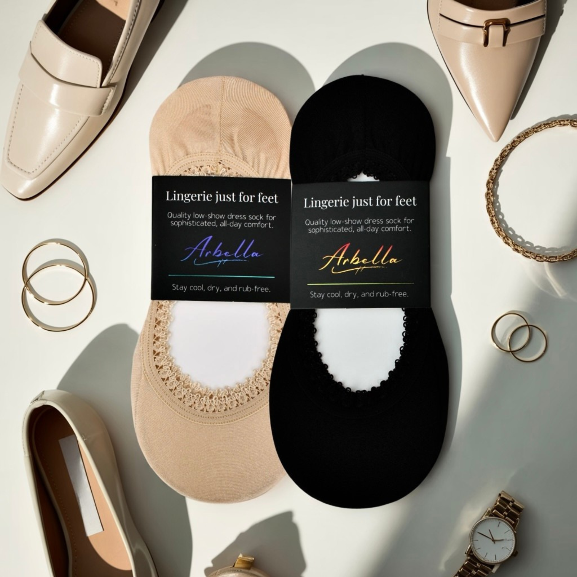 Arbella Style wholesale flat lay - 1 black and 1 sand nude no-slip footie for women