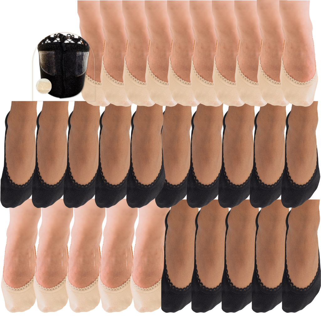 Arnacci 10-pair invisible non-slip socks. Choose your mix of black and sand lingerie-inspired liner socks for heels, flats and loafers.