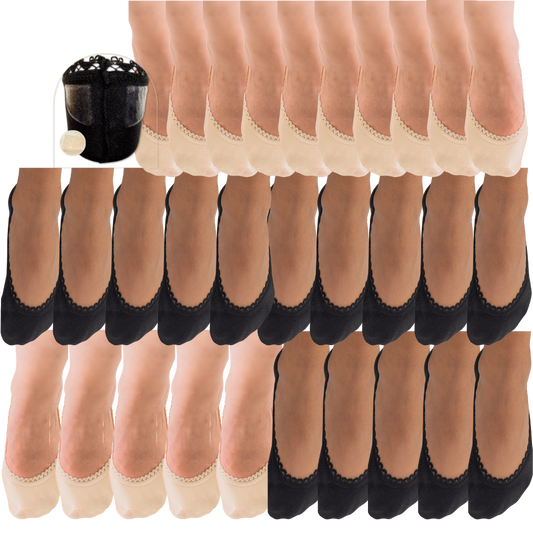 Arnacci 10-pair invisible non-slip socks. Choose your mix of black and sand lingerie-inspired liner socks for heels, flats and loafers.