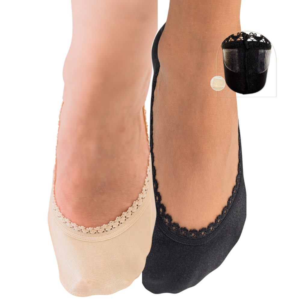 Arnacci 2-pair non-slip no-show socks in black and sand. Lingerie-inspired second-skin foot liners for heels, flats and loafers.