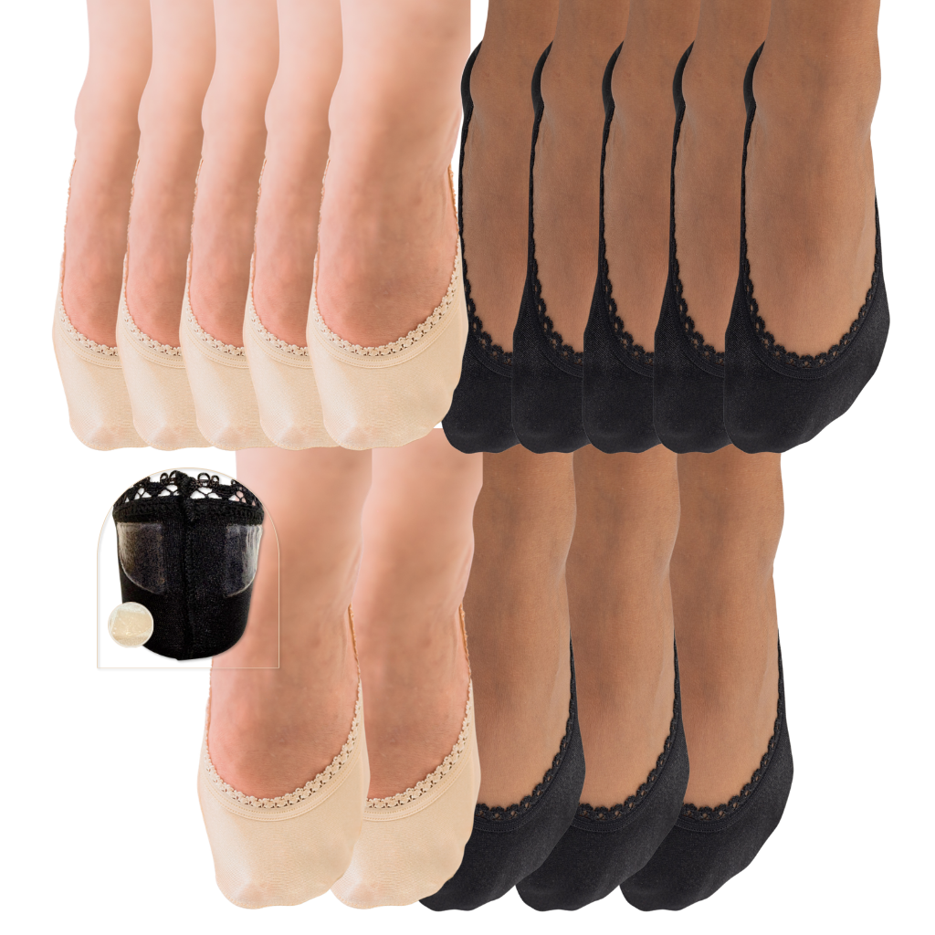 Arnacci 5-pair no-show foot liners. Pick your combination of black and sand non-slip liner socks with second-skin comfort for heels and flats.