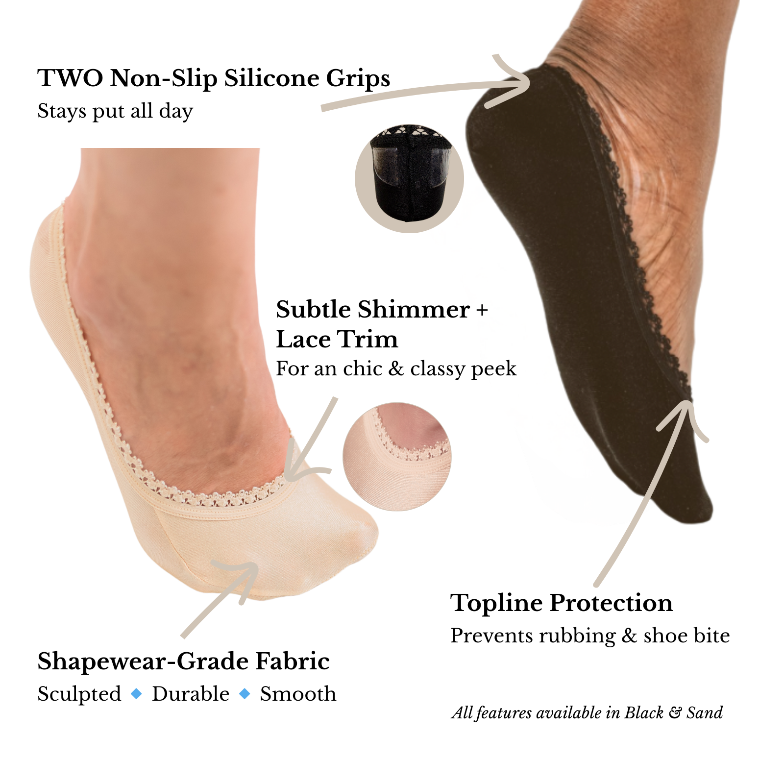 Arnacci low-cut non-slip footie socks featuring lace trim, shapewear-grade fabric, and topline protection to prevent rubbing in heels and flats.