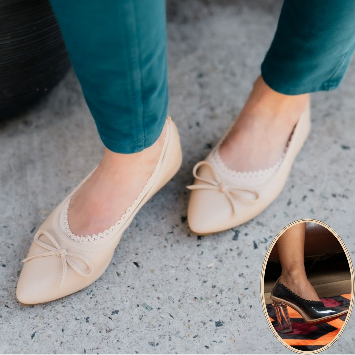 Woman wearing Sand Arnacci lace-trim no-show socks with nude ballet flats and teal trousers, with an inset showing black footies in heels.