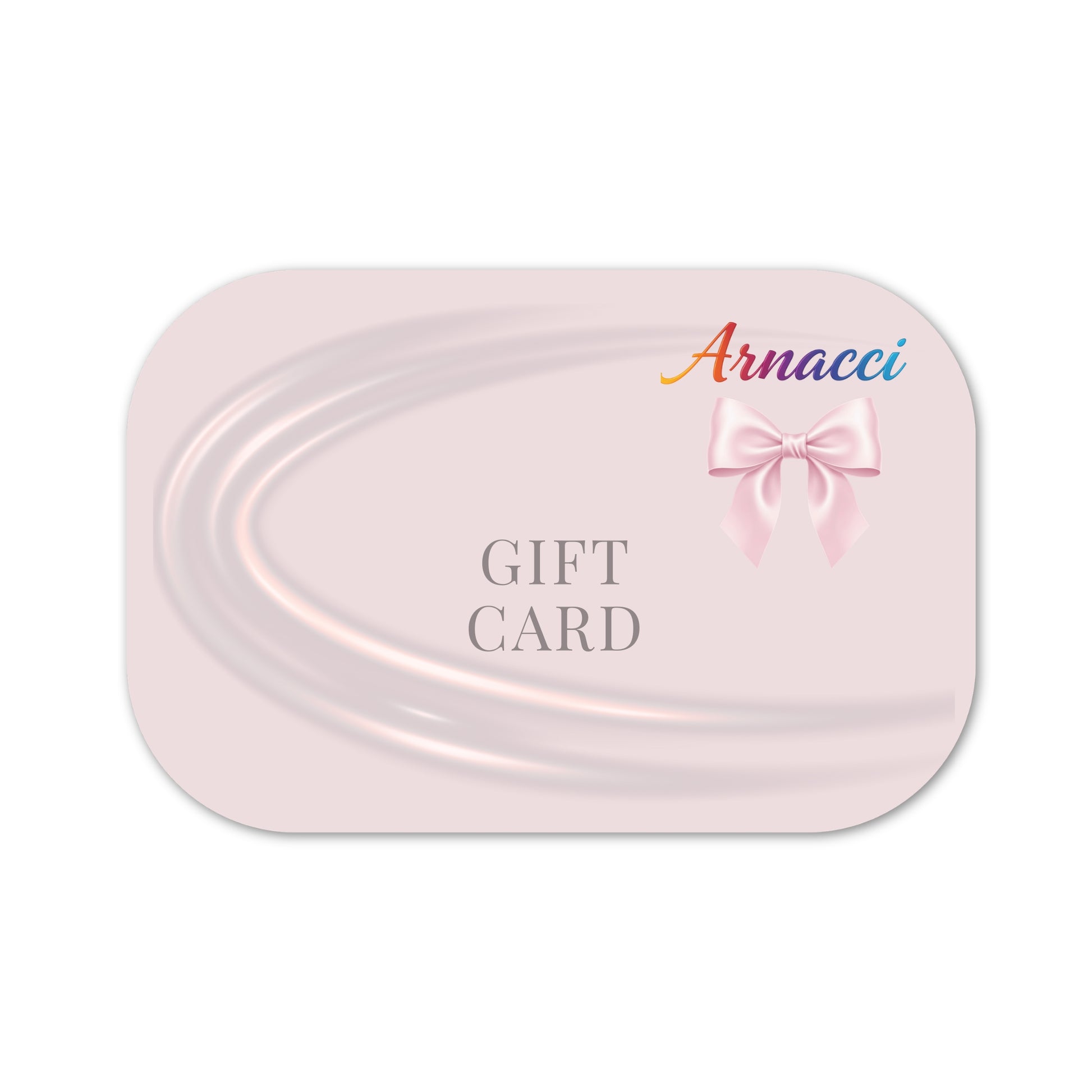 Pink gift card holder with 'Arnacci' branding and a bow design on a white background