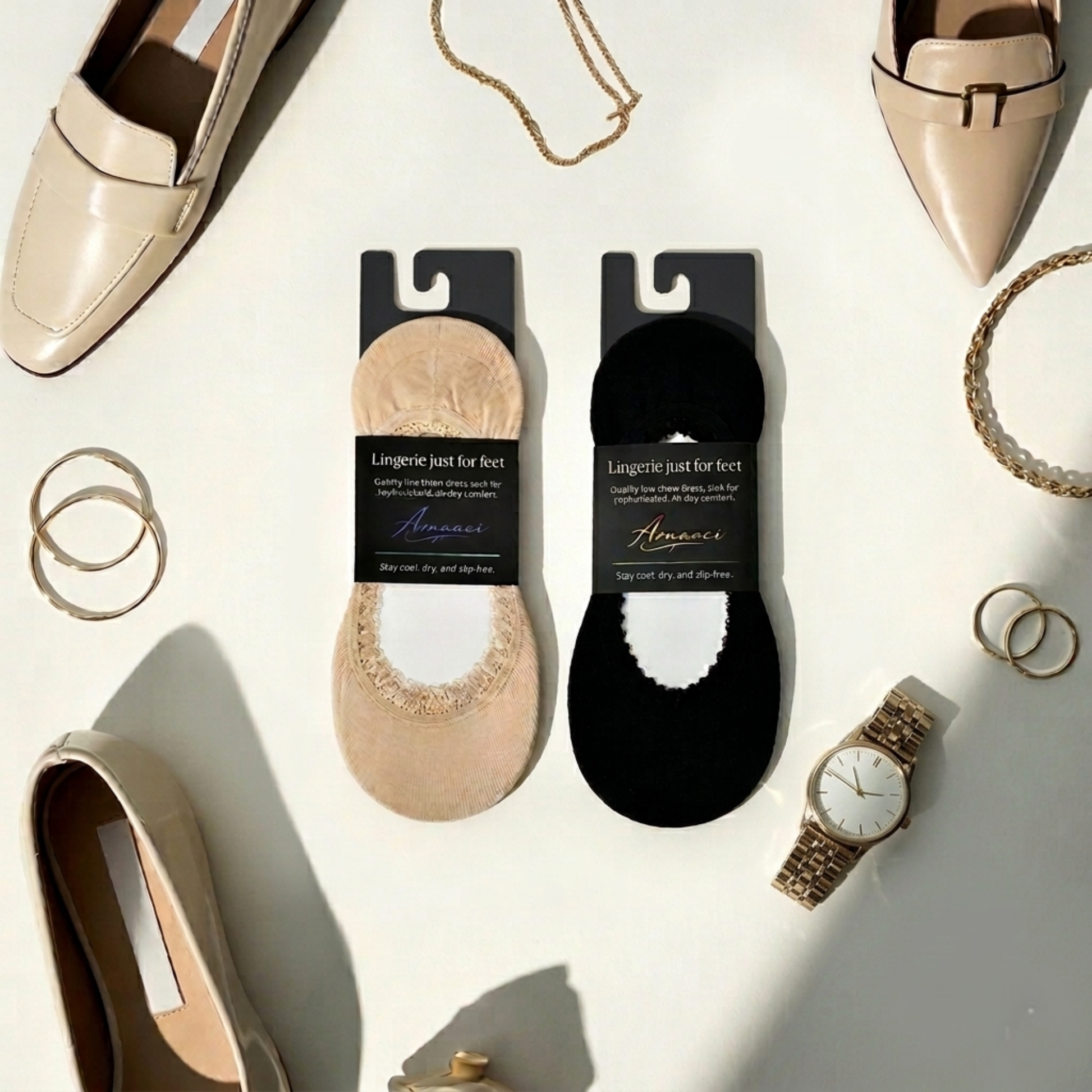 Flat lay of black and sand and nude lace-trim no-show footie socks for women styled with flats and heels