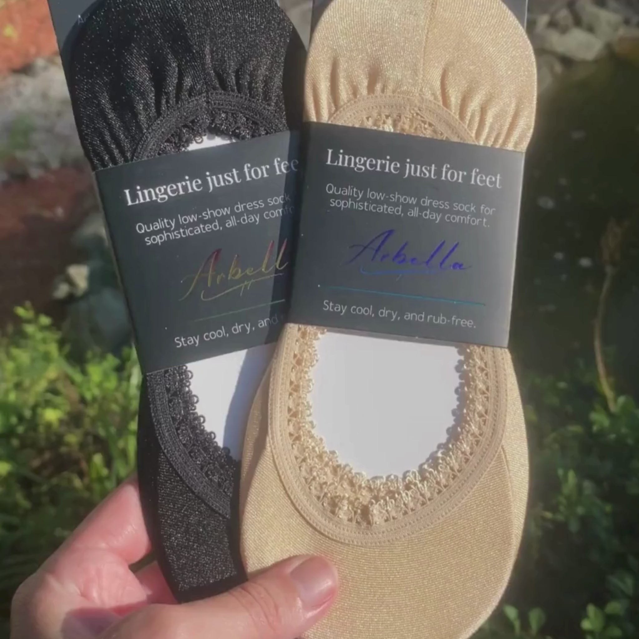 Arbella Style no-show footies in sunlight - video showcasing luxurious shimmer and premium quality