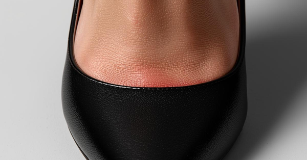 Close-up of a tight leather shoe digging into the topline of a woman's heel, causing redness and skin irritation.
